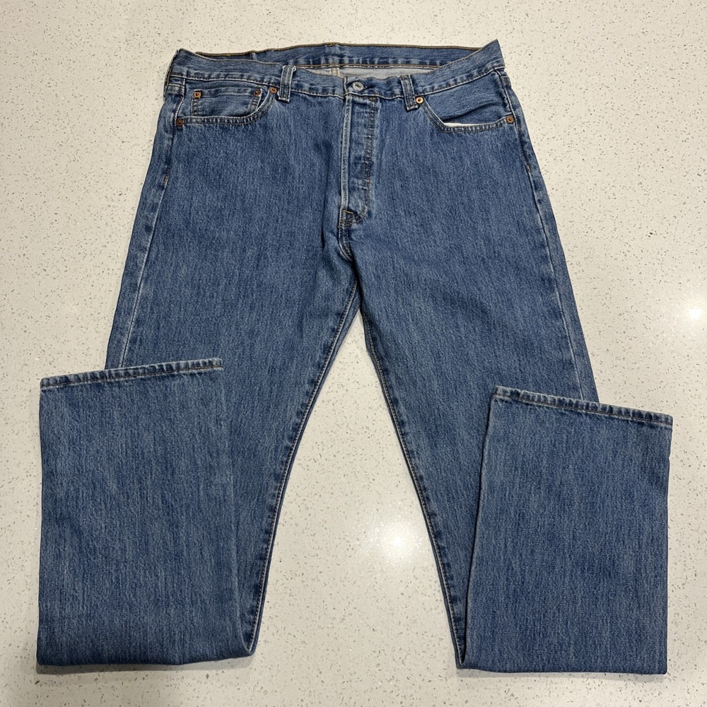 Mens Levis 501 Blue Button Fly Denim Jeans Size 36/34 Ankle Has Been Slit